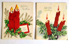 Lot 2 Vintage Red Flocked Candles 1-Pullout 1940s Used Christmas Cards  picture