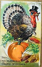 Thanksgiving Turkey Smokes Cigar Top Hat Pumpkin Antique Tuck Postcard c1910 picture