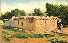 New Mexico Jacals Mud Huts with Indians Linen Postcard A Bit Of Old New Mexico picture