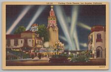 Linen~Air View Carthay Circle Theater At Night Los Angeles CA~Vintage Postcard picture