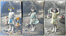 3 Hand Colored Real Photo Postcards Young Girl with Baskets of Flowers picture