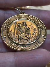 Vtg Estate Large 1” Solid 14K Gold Catholic St. Christopher Medal Protect Us picture