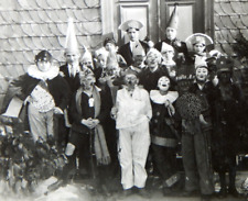 1929 HALLOWEEN PHOTO LARGE COSTUME WEARING GROUP KIDS & ADULTS CREEPY CLOWNS VTG picture