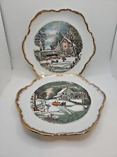 Set of 2 Vintage Collectors Plates Made In Korea Gold Rim Currier and Ives picture