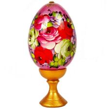 Zhostovo Wood Easter Egg on a Stand, Pink Floral Egg, Painted by Hand 4.7