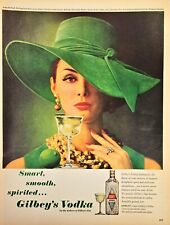 1963 Gilbey's Vodka Bottle & Glass Woman Big Floppy Hat Vintage Print Ad 10X13 picture