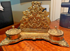 Art Nouveau Ornate Brass Double Inkwell & Letter Holder With Cherubs Vintage 70s picture