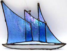 Vintage Stained Glass Metal Sailboat Sculpture Blue White 4.5 inch Suncatcher picture
