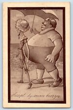 Horina Signed Artist Postcard Fat Man With Umbrella Swept By Ocean Breezes picture