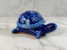 Mexico Talavera Hand Painted Folk Art Pottery TURTLE Lidded Dish Cobalt Blue picture