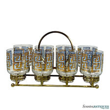 Mid-Century Colony 9pc Greek Key Drink Barware Liquor Glasses & Serving Caddy picture