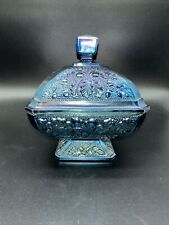 Vintage Jeanette Carnival Glass Candy Dish Blue Gold Oak Leaves Acorn Footed 7in picture
