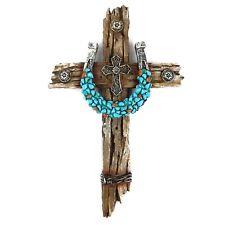 Turquoise Horseshoe Wall Cross Layered Rustic Faux Weathered Wood Conchos 12.5