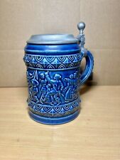 Vintage Marzi Remy Blue Moulded Stoneware Beer Stein w/ Pewter Lid Rein Zinn picture