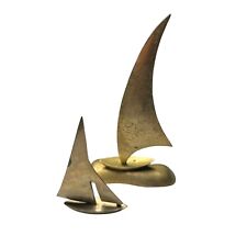 Vintage Set Solid Brass Sail Boats Nautical Sculpture Decor Figurines 9.25” & 6” picture