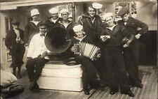 Sailors on USS Woodbury Phonograph Records Accordion +PHOTOGRAPHY RPPC picture
