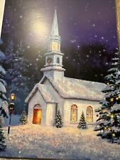 Vtg Unused Christmas Card Heavy Glitter Church Snowy Pine Decorated Tree W/Env picture