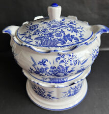 Vintage Blue & White Soup Tureen W/ Warmer JAPAN Farmhouse French Country picture