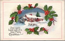 Vintage CHRISTMAS Postcard Winter House Scene / Holly 