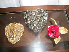 Lot of 3 Vintage Christmas Ornaments, 2 Hearts 1 Rose, All Metal picture