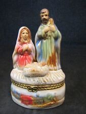 Vintage Nativity Scene Ceramic Hinged Trinket Box Figurine Jesus Mary Joseph picture