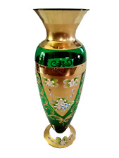 VASE Antique BOHEMIAN Emerald Green Gold Gilded Floral Art Glass ~ 9 X 3 ~ EXC picture