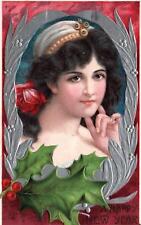 Lovely GIRL LADY On Beautiful Vintage 1909 NEW YEAR Postcard picture