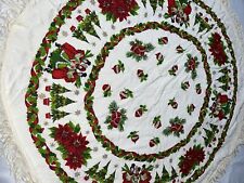 VTG Mid Century Modern Christmas Fringe Tablecloth Round Poinsettia Carolers picture