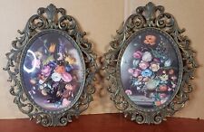 Vintage Victorian Oval Bubble Convex Glass Floral Italian Art Wall Brass  picture