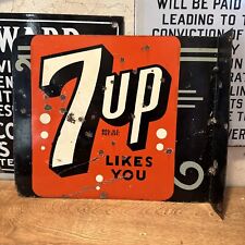 AUTHENTIC & ORIGINAL ''7UP FLANGE SIGN'' PAINTED METAL 10X12.5 INCH 1947 picture