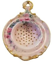 Antique Porcelain Tea Strainer Handpainted Pink with Roses Gold Signed KDM picture