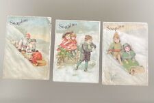3 Soapine Victorian trade cards winter sports toboggan Vintage  picture