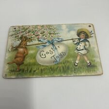 Easter Greeting Wood Postcard Dancing Rabbit Egg Bow Raphael Tuck Antique Card picture