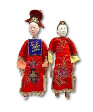 ANTIQUE PAIR OF CHINESE OPERA DOLLS ELABORATE SILK EMBROIDERED DRESS picture
