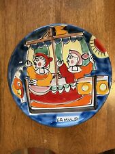 La Musa Italian Pottery 8” Hanging Display Plate Fishermen In Boat Fish MINT picture