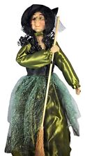 TALL 24” Halloween Smiling Witch Green Black With Broom Tabletop Decoration picture