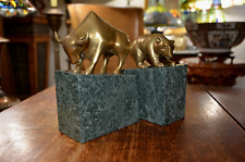 Vintage 70's OG Gatco Solid Brass Bear & Bull Wallstreet Bookends Green Marble picture