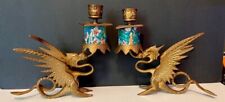 ANTIQUE PAIR FRENCH LONGWY BRASS ENAMEL GRIFFIN CANDLESTICKS  picture