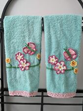 2 Vtg Turquoise Hand Appliqued Crocheted Butterflies + Floral Soft Hand Towels picture