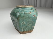Very Old Rustic Chinese Hexagon Ginger Jar Vase Celadon Glaze Pottery Floral picture