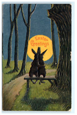 1909 Easter Greetings Bunnies Midnight Moon Woods Holiday Postcard picture