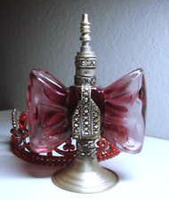 Moroccan Pink Glass Bow Shaped Pedestal Perfume Bottle, Brass & Silver Accents picture