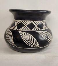 Vintahe Carved Stone Pot Vase Art White Black Thatched Design Leaves Signed S.I. picture