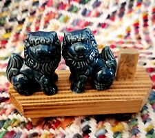 Vintage Asian Pair Ceramic Blue Foo Dogs Decorative On Bamboo picture