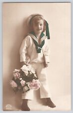 Postcard RPPC Photo Child In Sailor Suit With Flowers Antique Colored Unposted picture
