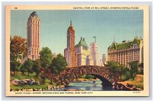 Postcard NY Central Park Hotel Savoy Plaza Stone Bridge View New York City   picture