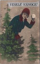 c1910s European / Czech CHRISTMAS Postcard Girl w/ Snowball 