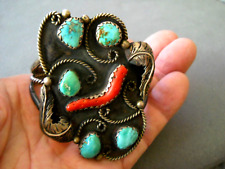 OLD Native American Turquoise Cluster & Branch Coral Sterling Silver Bracelet picture