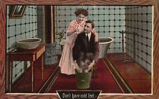 Vintage Postcard 1912 Don't have cold feet Couple Man and Woman In Bathroom picture