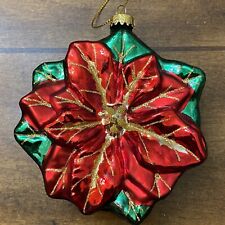 Robert Stanley Poinsettia Blown Glass Christmas Ornament Red Glitter 4” picture
